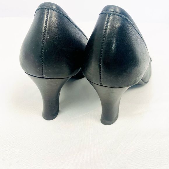 ANTONIO MELANI Black Leather Square Toe Heeled Loafers with Chain Detail - Picture 5 of 7